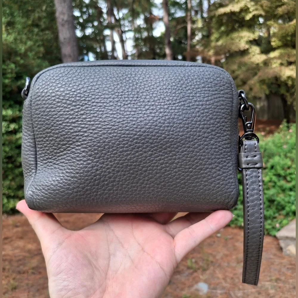 DKNY Charcoal Grey Studded Leather Convertible Crossbody Clutch Wristlet